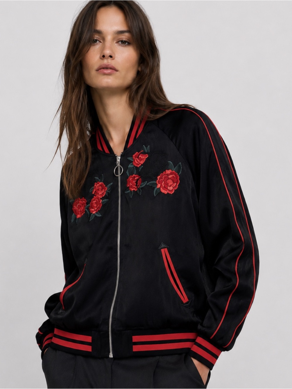 The Kooples Count the Roses Jacket in Black with Embroidered Roses Dragon